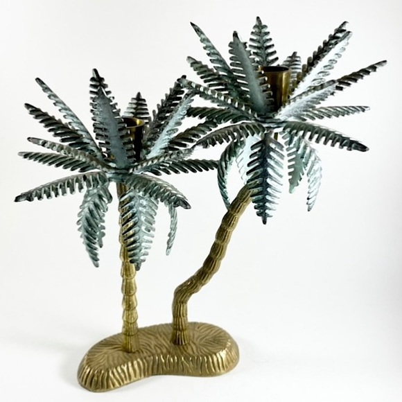 Vintage brass double palm tree candlestick holder